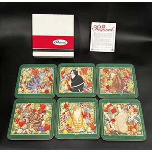 Pimpernel Christmas Cat Coaster Collection Cork Back ~ Boxed Set of 6